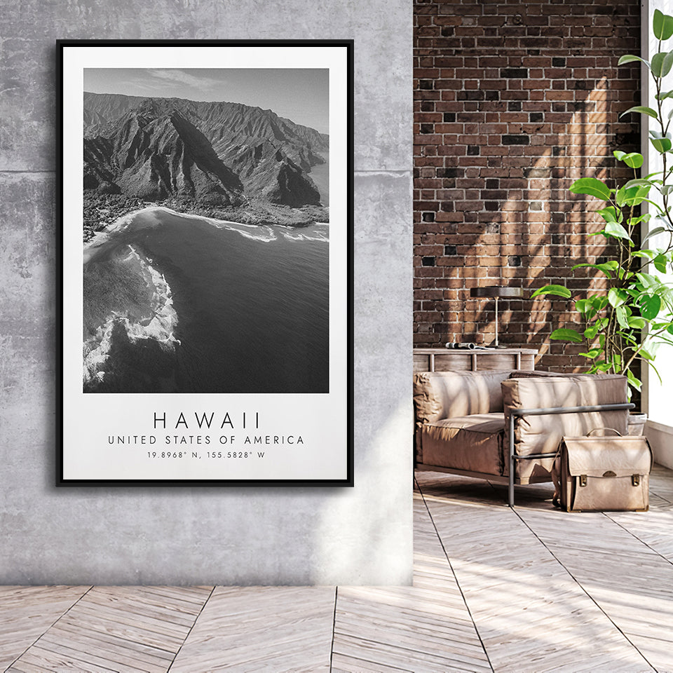 Hawaii Usa Black And White Art Framed Canvas Prints Wall Art Home Decor, Floating Frame