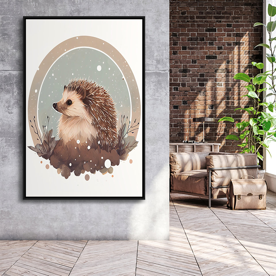 Hedgehog Retro Art Print, Large Canvas, Framed Canvas Print Wall Art Home Decor, Floating Frame