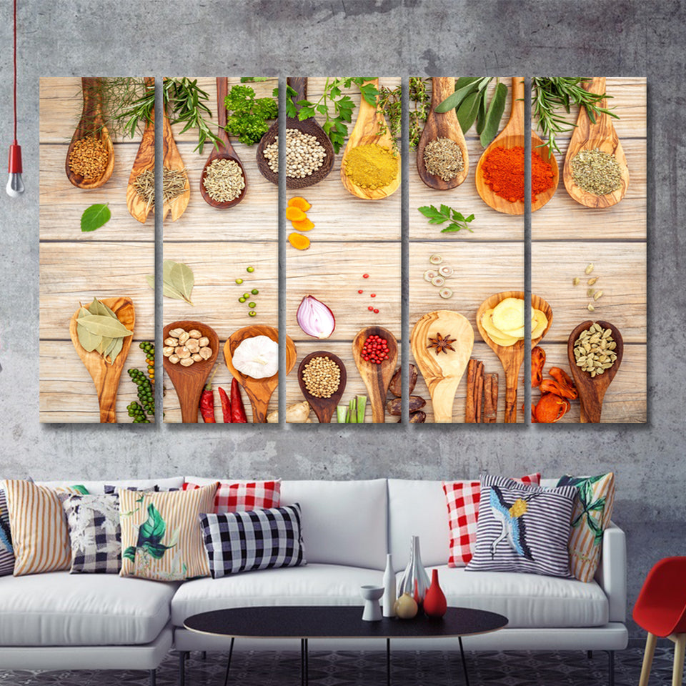 Herbs  Spices 5 Piece Canvas Prints Wall Art - Painting Prints, Wall Decor,Multi Panels
