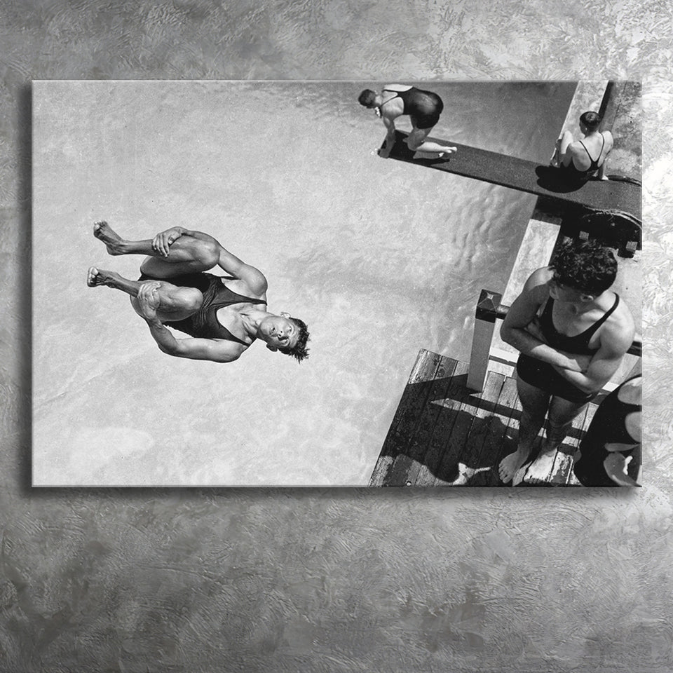 High Dive Black And White Print, Swimmer Diving Canvas Prints Wall Art Home Decor