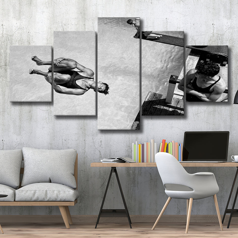 High Dive Black And White Print, Swimmer Diving 5 Panels, Canvas Prints Wall Art Decor, Large Canvas Art