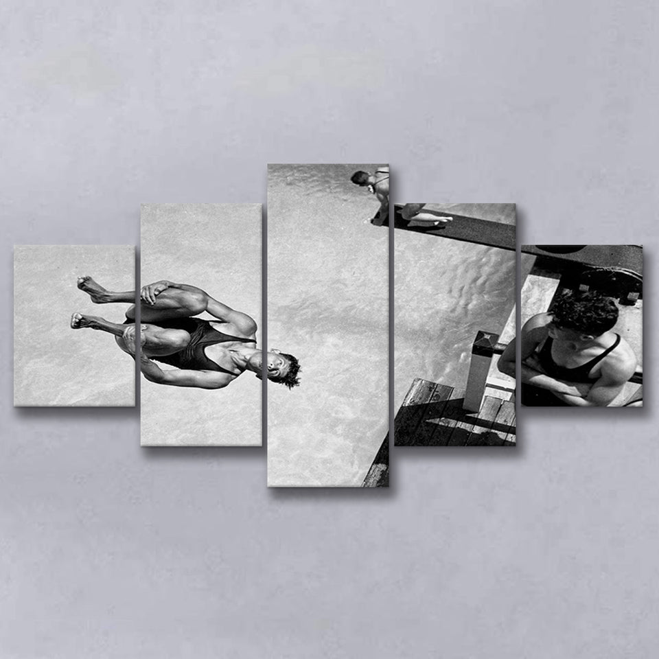 High Dive Black And White Print, Swimmer Diving 5 Panels, Canvas Prints Wall Art Decor, Large Canvas Art
