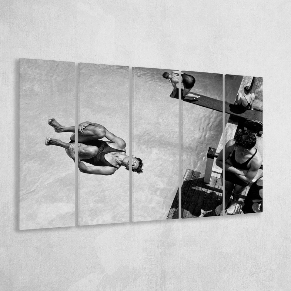 High Dive Black And White Print, Swimmer Diving Larger Canvas Art, 5 Piece Canvas Prints Wall Art Decor
