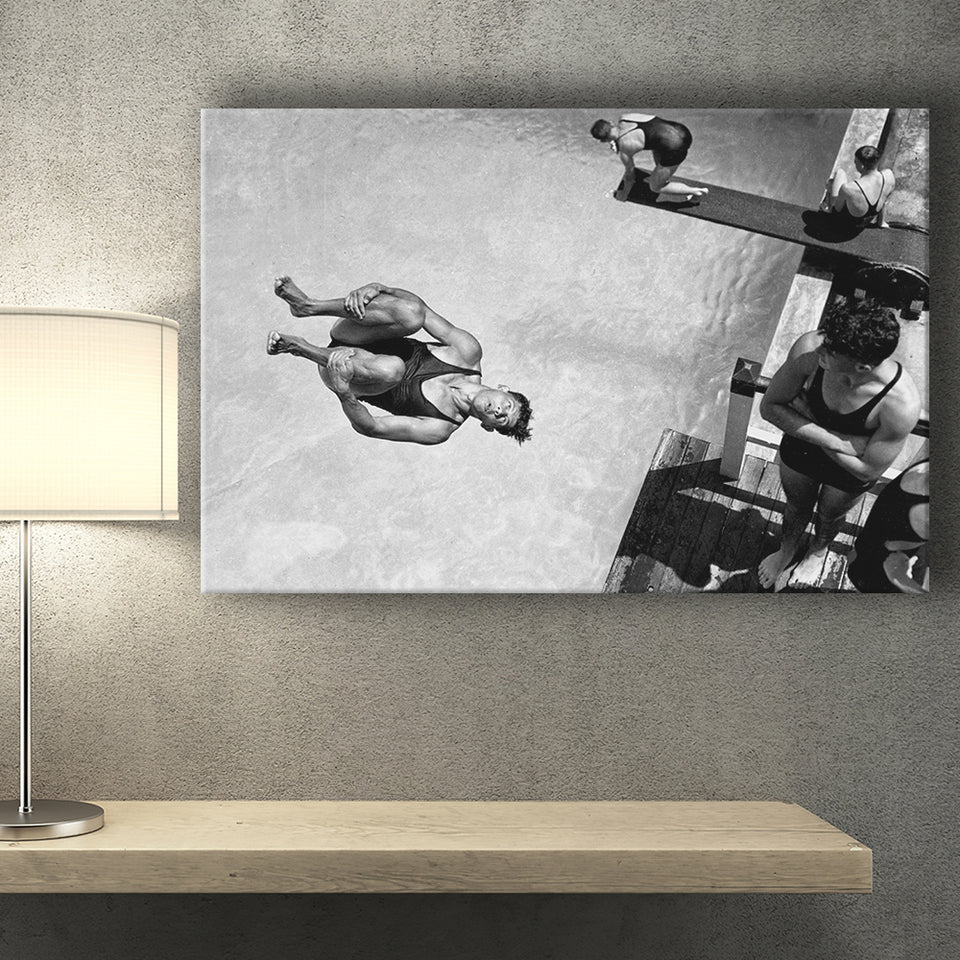 High Dive Black And White Print, Swimmer Diving Canvas Prints Wall Art Home Decor