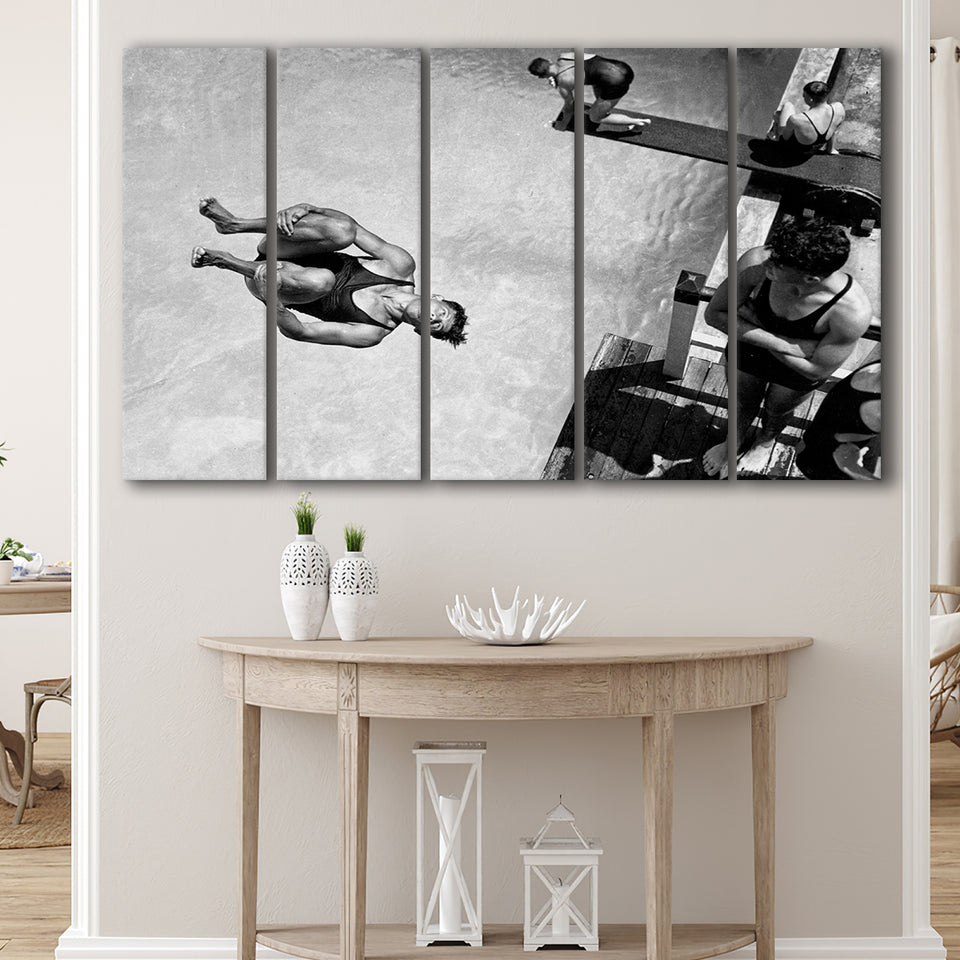 High Dive Black And White Print, Swimmer Diving Larger Canvas Art, 5 Piece Canvas Prints Wall Art Decor