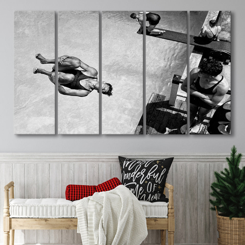 High Dive Black And White Print, Swimmer Diving Larger Canvas Art, 5 Piece Canvas Prints Wall Art Decor