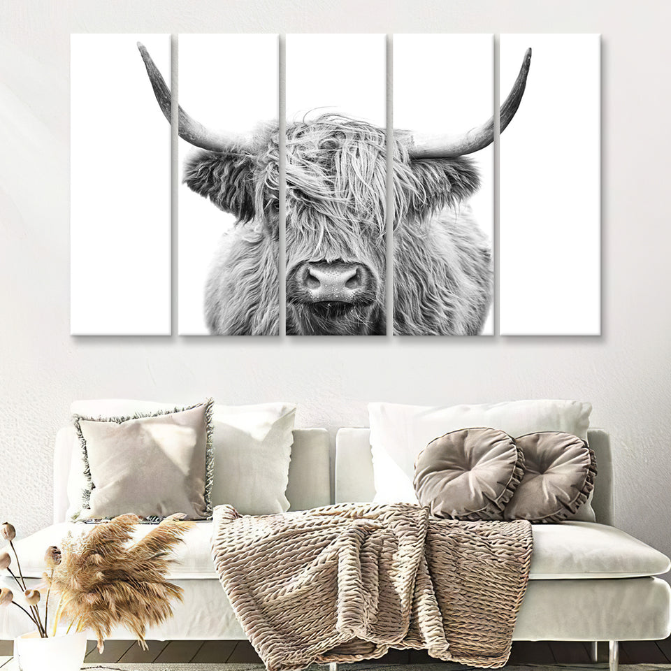 Highland Cow Black And White 5 Piece B Multi Panels Canvas Prints Wall Art - Painting Canvas,Wall Decor