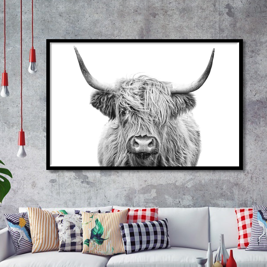 Highland Cow Black And White Framed Art Print Wall Decor - Painting Art, Framed Picture, Home Decor