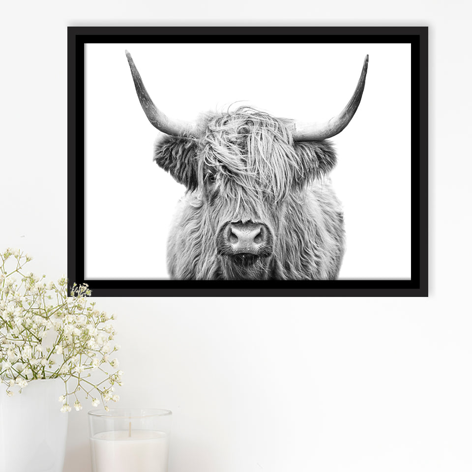Highland Cow Black And White Framed Canvas Prints Wall Art - Painting Canvas,Framed Picture,Home Art Wall Decor