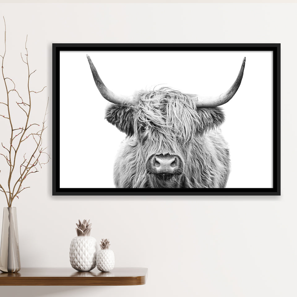 Highland Cow Black And White Framed Canvas Prints Wall Art - Painting Canvas,Framed Picture,Home Art Wall Decor
