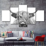 Highland Cow Black And White 5 Piece Multi Panels Canvas Prints Wall Art - Painting Canvas,Wall Decor