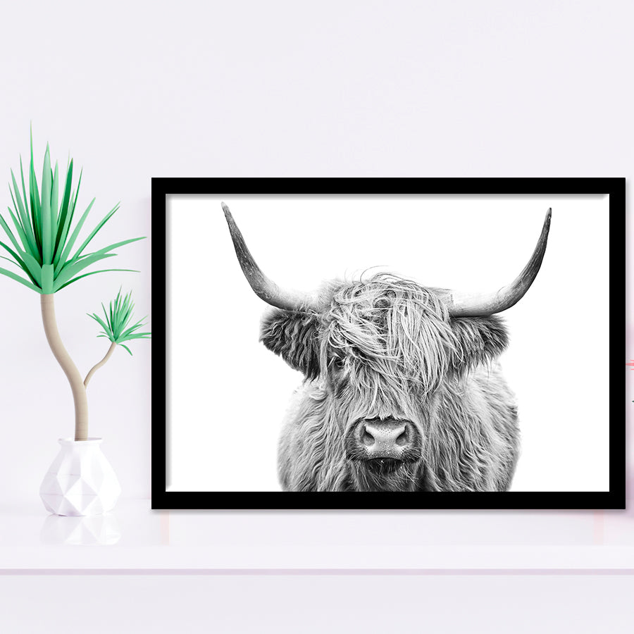 Highland Cow Black And White Framed Art Print Wall Decor - Painting Art, Framed Picture, Home Decor