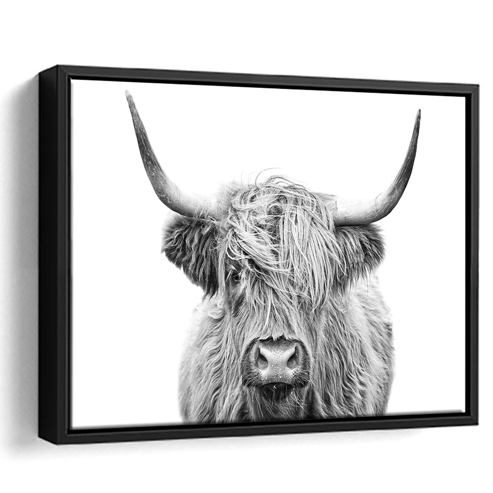 Highland Cow Black And White Framed Canvas Prints Wall Art - Painting Canvas,Framed Picture,Home Art Wall Decor