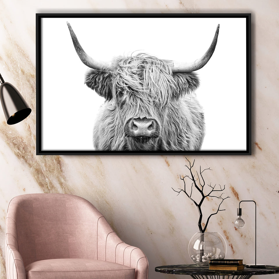 Highland Cow Black And White Framed Canvas Prints Wall Art - Painting Canvas,Framed Picture,Home Art Wall Decor