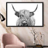 Highland Cow Black And White Framed Canvas Prints Wall Art - Painting Canvas,Framed Picture,Home Art Wall Decor