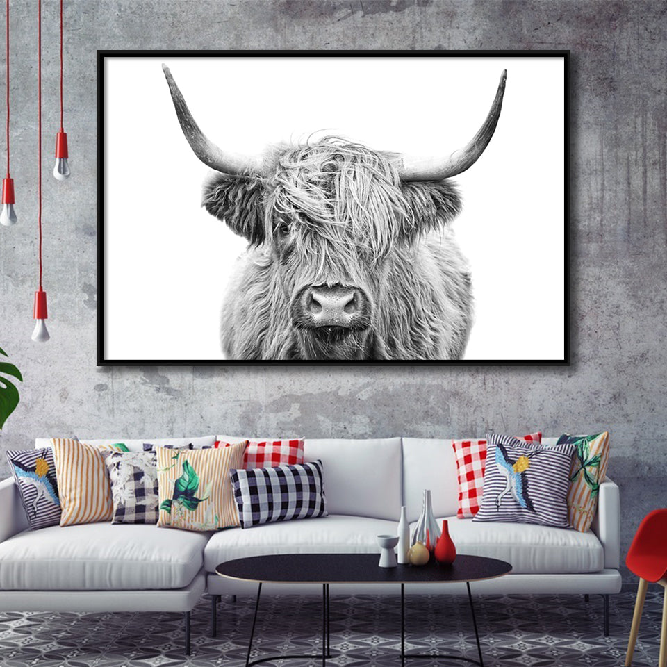 Highland Cow Black And White Framed Canvas Prints Wall Art - Painting Canvas,Framed Picture,Home Art Wall Decor