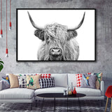 Highland Cow Black And White Framed Canvas Prints Wall Art - Painting Canvas,Framed Picture,Home Art Wall Decor