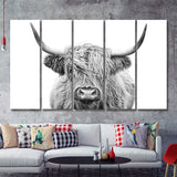 Highland Cow Black And White 5 Piece B Multi Panels Canvas Prints Wall Art - Painting Canvas,Wall Decor