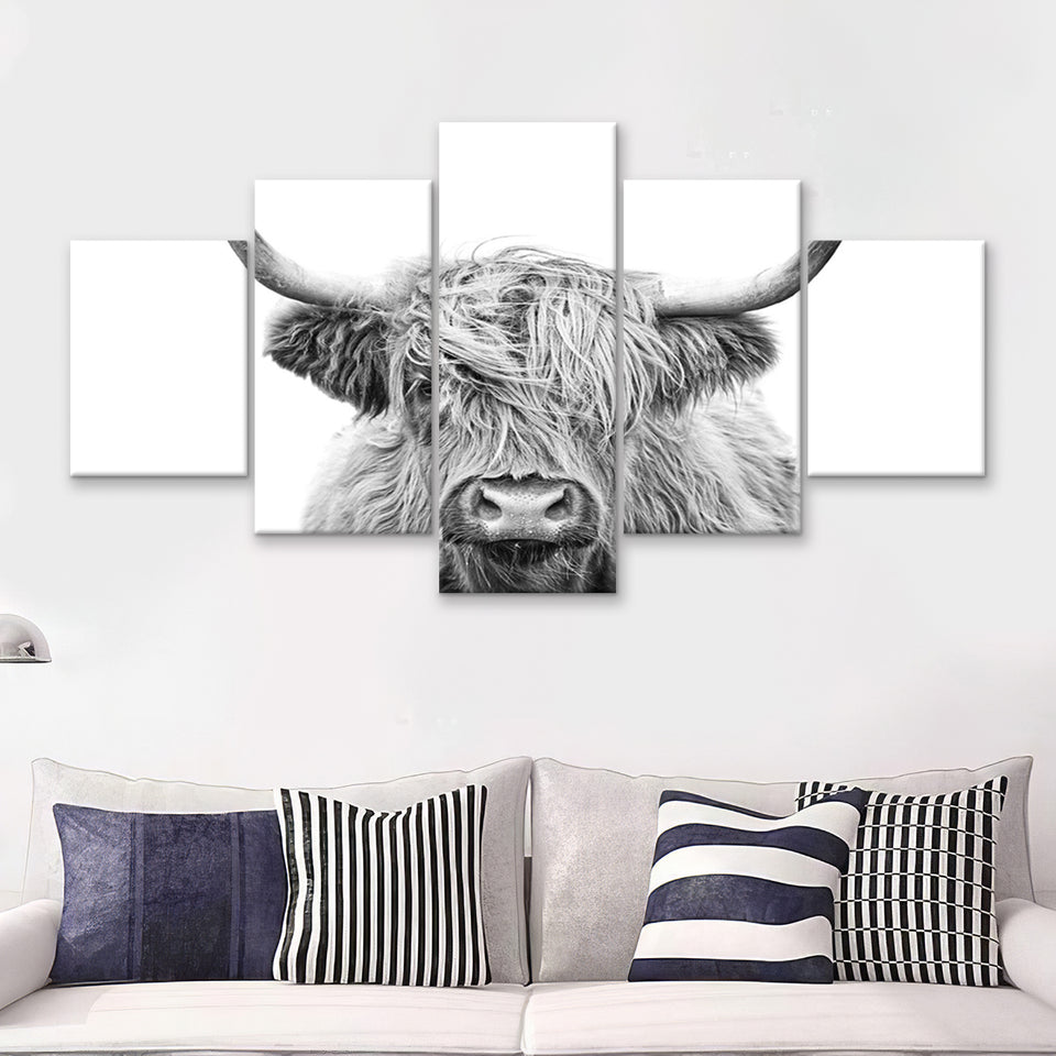 Highland Cow Black And White 5 Piece Multi Panels Canvas Prints Wall Art - Painting Canvas,Wall Decor