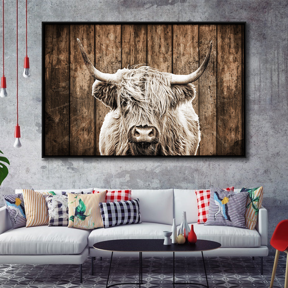 Highland Cow Dark Brown Wood Background Sepia Framed Canvas Prints Wall Art - Painting Canvas,Framed Picture,Home Art Wall Decor