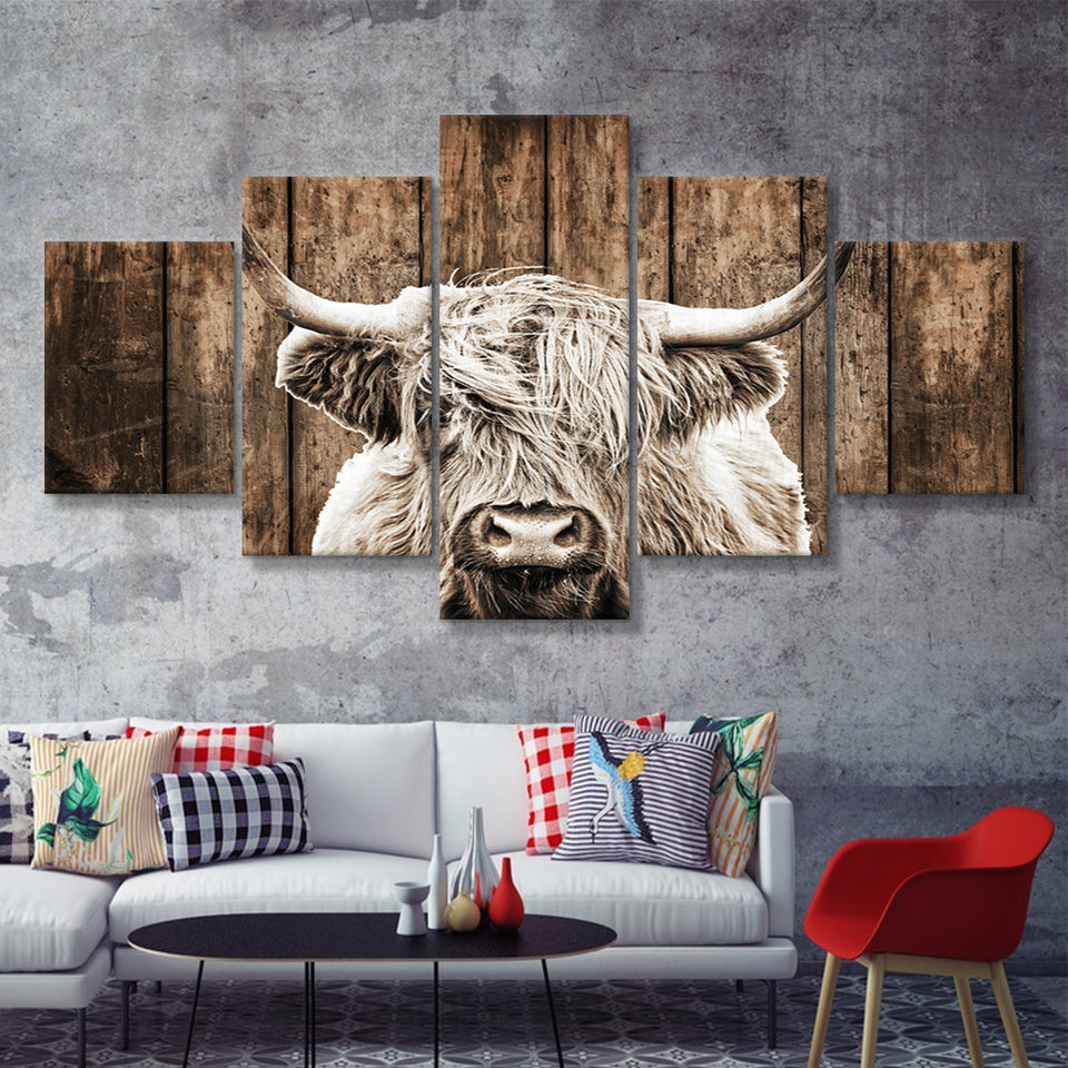 Highland Cow Dark Brown Wood Background Sepia 5 Piece Multi Panels Canvas Prints Wall Art - Painting Canvas,Wall Decor