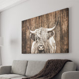 Highland Cow Dark Brown Wood Background Sepia Canvas Prints Wall Art - Painting Canvas,Wall Decor,Art Print,Home Decor