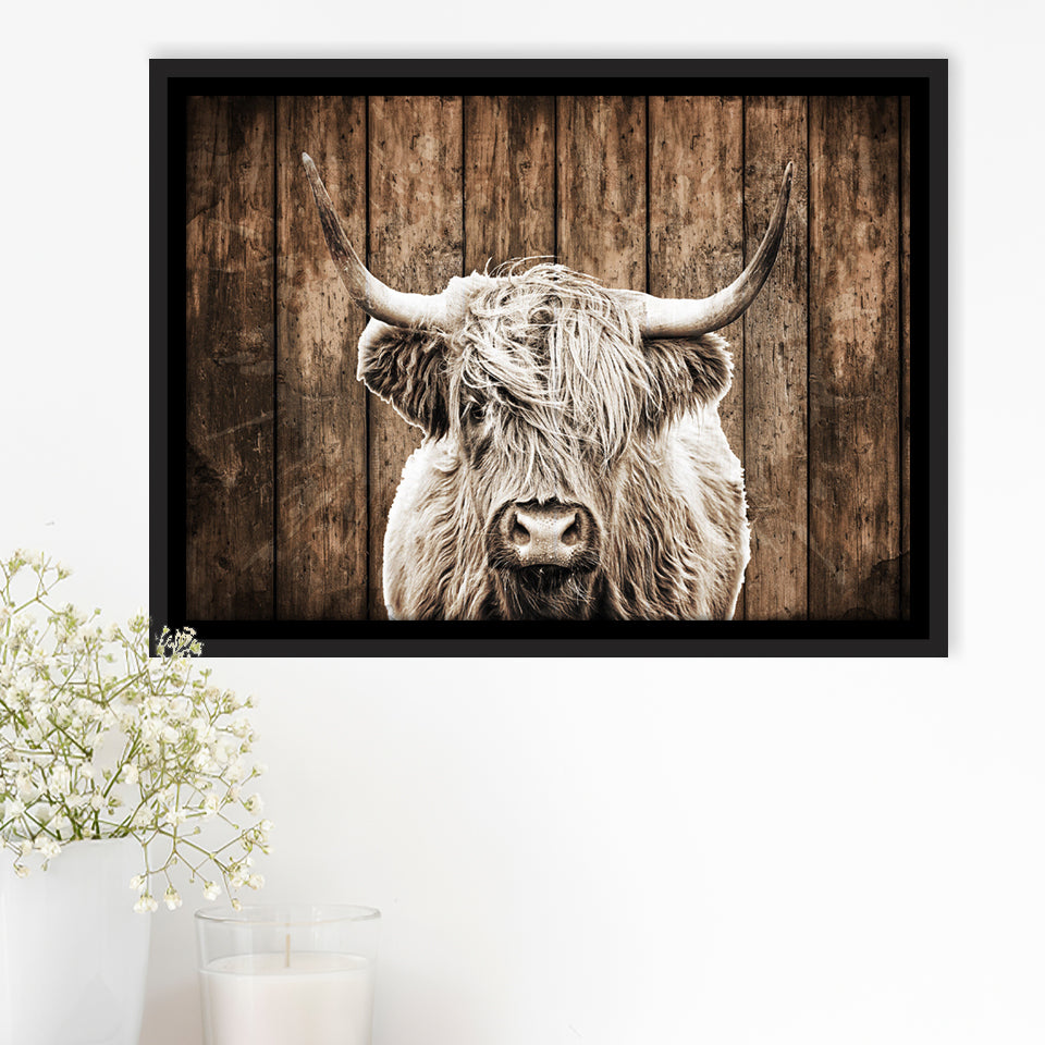 Highland Cow Dark Brown Wood Background Sepia Framed Canvas Prints Wall Art - Painting Canvas,Framed Picture,Home Art Wall Decor