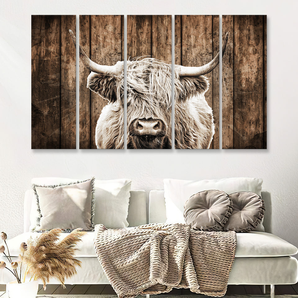 Highland Cow Dark Brown Wood Background Sepia 5 Piece B Multi Panels Canvas Prints Wall Art - Painting Canvas,Wall Decor