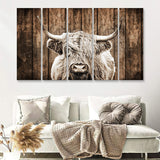 Highland Cow Dark Brown Wood Background Sepia 5 Piece B Multi Panels Canvas Prints Wall Art - Painting Canvas,Wall Decor