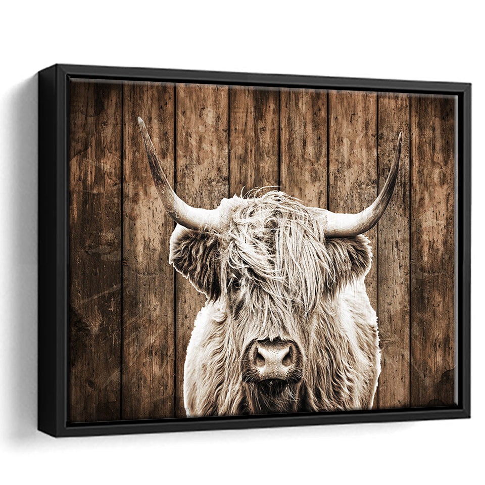 Highland Cow Dark Brown Wood Background Sepia Framed Canvas Prints Wall Art - Painting Canvas,Framed Picture,Home Art Wall Decor