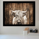 Highland Cow Dark Brown Wood Background Sepia Framed Art Print Wall Decor - Painting Art, Framed Picture, Home Decor