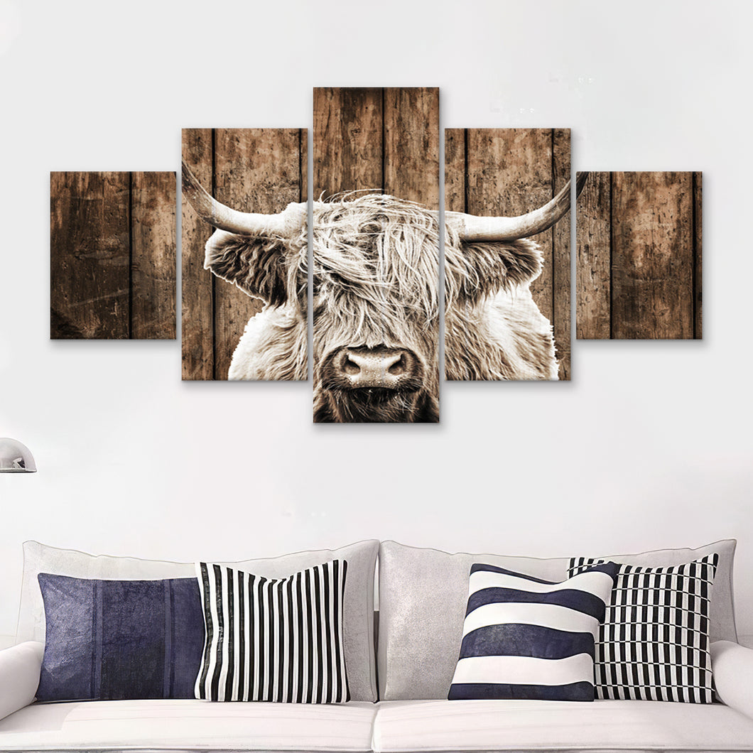 Highland Cow Dark Brown Wood Background Sepia 5 Piece Multi Panels Canvas Prints Wall Art - Painting Canvas,Wall Decor