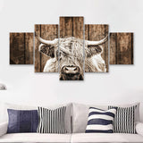 Highland Cow Dark Brown Wood Background Sepia 5 Piece Multi Panels Canvas Prints Wall Art - Painting Canvas,Wall Decor