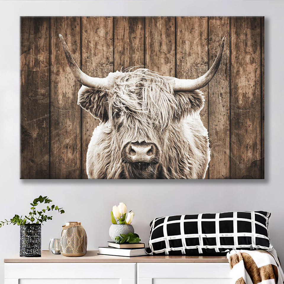 Highland Cow Dark Brown Wood Background Sepia Canvas Prints Wall Art - Painting Canvas,Wall Decor,Art Print,Home Decor