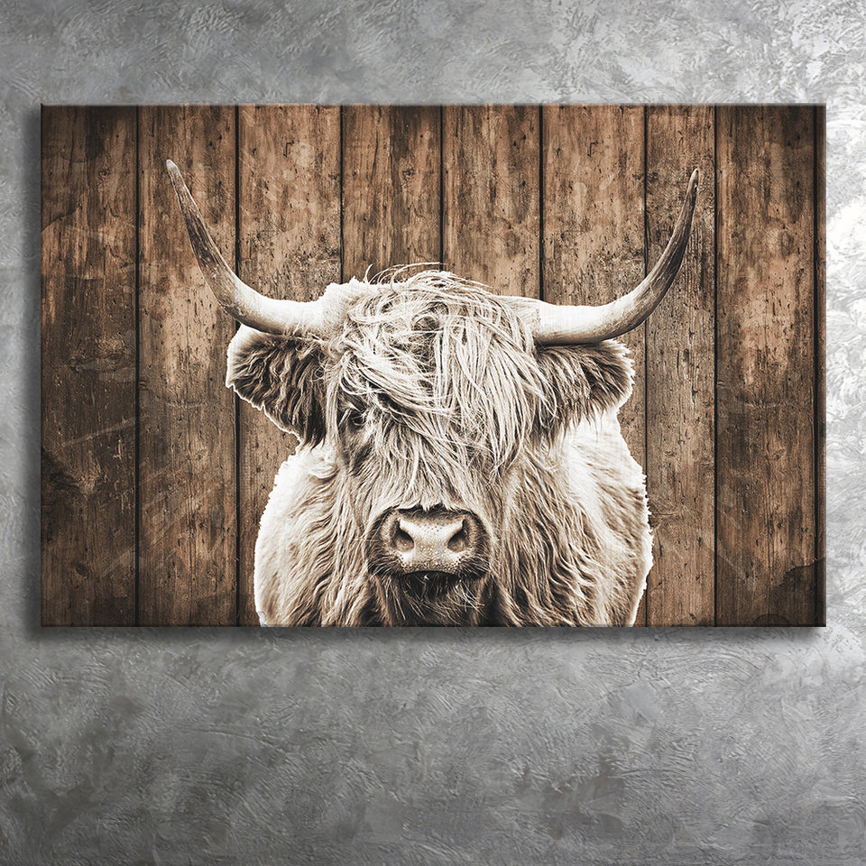 Highland Cow Dark Brown Wood Background Sepia Canvas Prints Wall Art - Painting Canvas,Wall Decor,Art Print,Home Decor