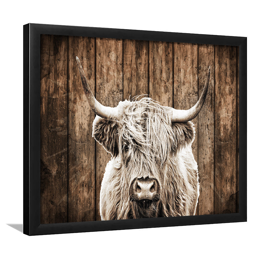 Highland Cow Dark Brown Wood Background Sepia Framed Art Print Wall Decor - Painting Art, Framed Picture, Home Decor