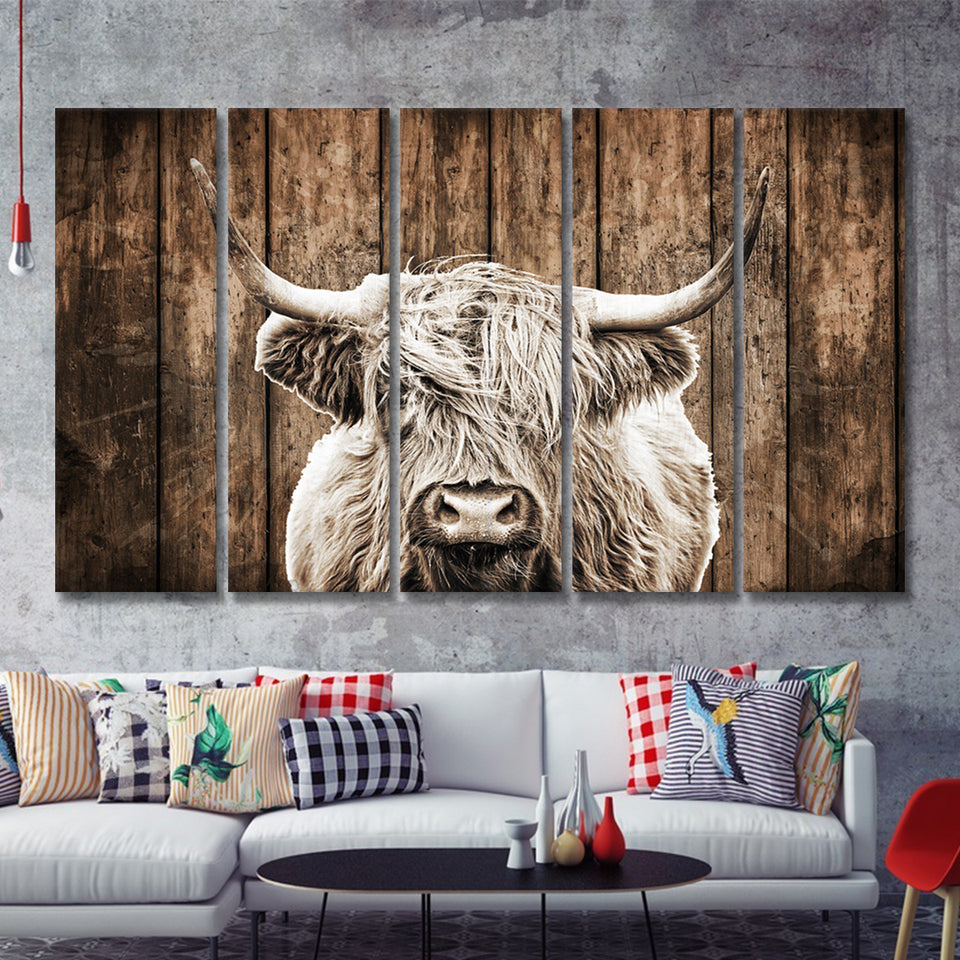Highland Cow Dark Brown Wood Background Sepia 5 Piece B Multi Panels Canvas Prints Wall Art - Painting Canvas,Wall Decor