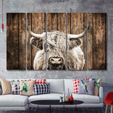 Highland Cow Dark Brown Wood Background Sepia 5 Piece B Multi Panels Canvas Prints Wall Art - Painting Canvas,Wall Decor