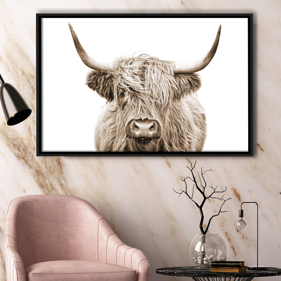 Highland Cow Sepia Framed Canvas Prints Wall Art - Painting Canvas,Framed Picture,Home Art Wall Decor