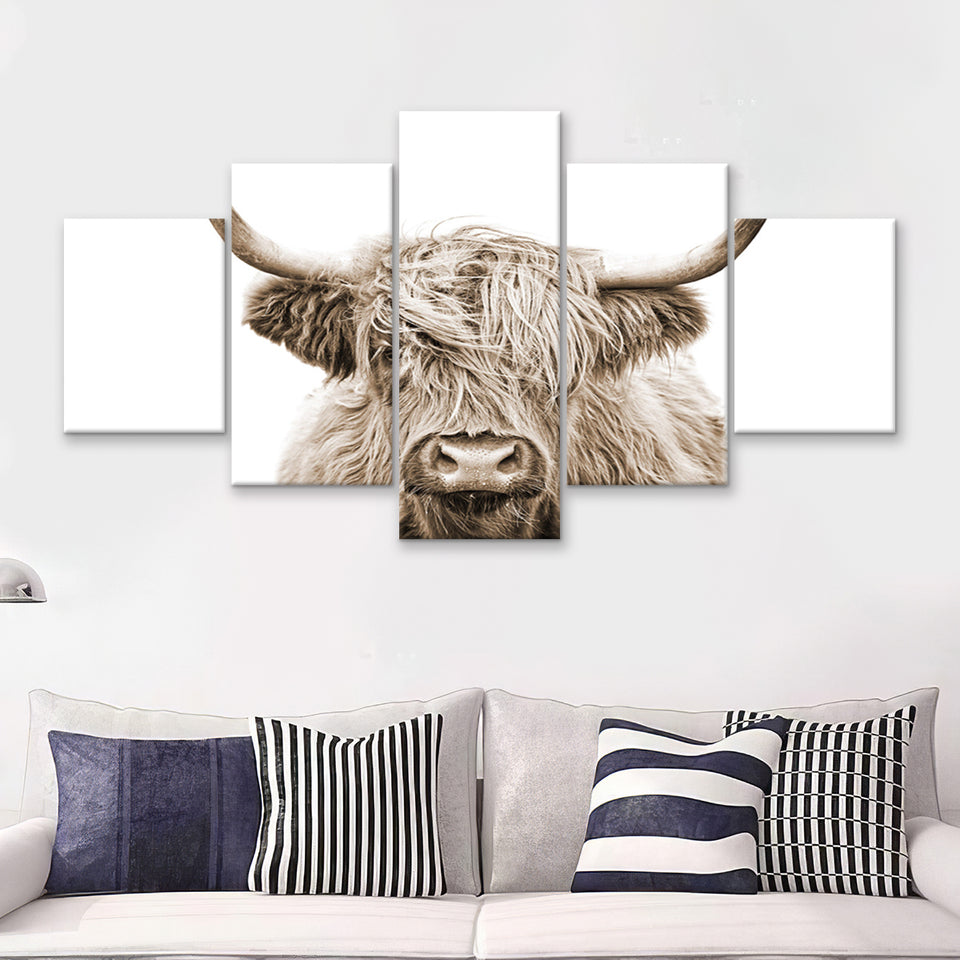Highland Cow Sepia 5 Piece Multi Panels Canvas Prints Wall Art - Painting Canvas,Wall Decor