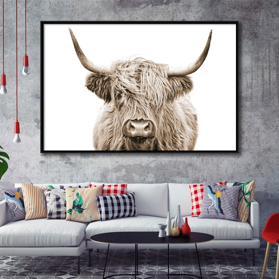 Highland Cow Sepia Framed Canvas Prints Wall Art - Painting Canvas,Framed Picture,Home Art Wall Decor