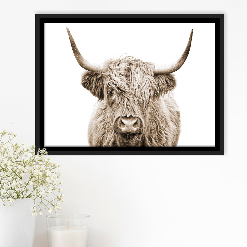 Highland Cow Sepia Framed Canvas Prints Wall Art - Painting Canvas,Framed Picture,Home Art Wall Decor