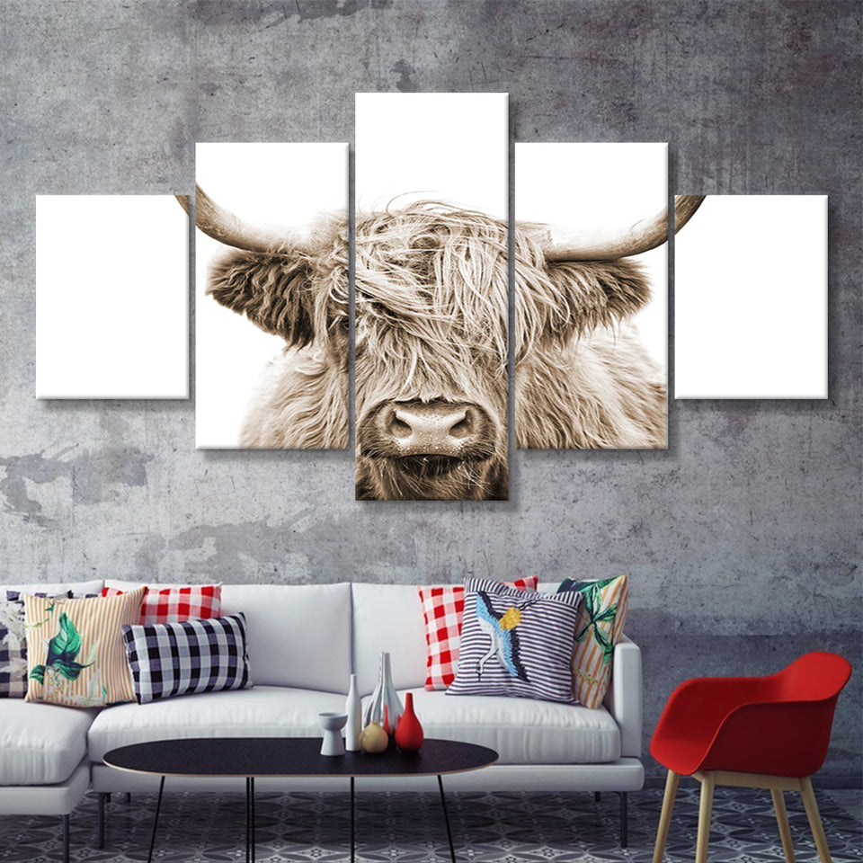 Highland Cow Sepia 5 Piece Multi Panels Canvas Prints Wall Art - Painting Canvas,Wall Decor