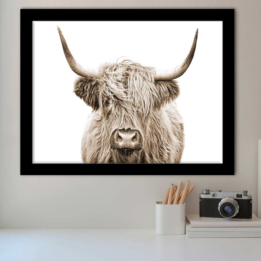 Highland Cow Sepia Framed Art Print Wall Decor - Painting Art, Framed Picture, Home Decor