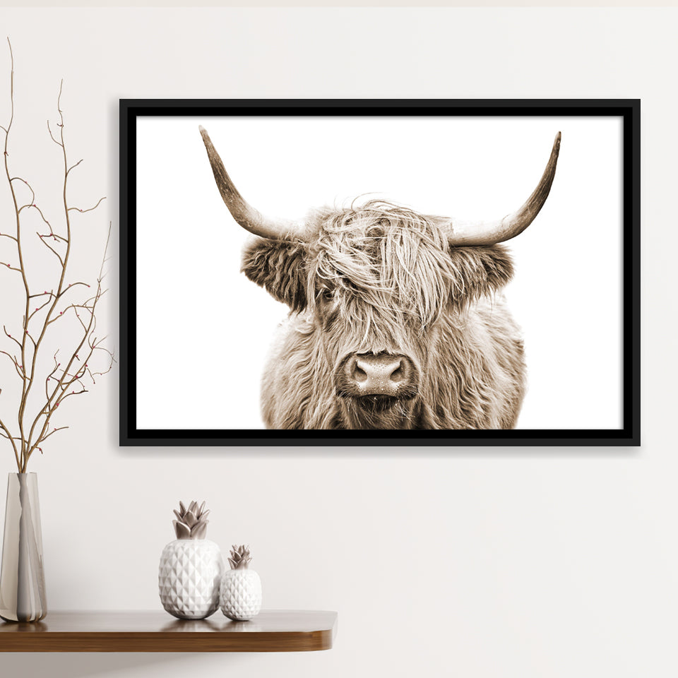 Highland Cow Sepia Framed Canvas Prints Wall Art - Painting Canvas,Framed Picture,Home Art Wall Decor