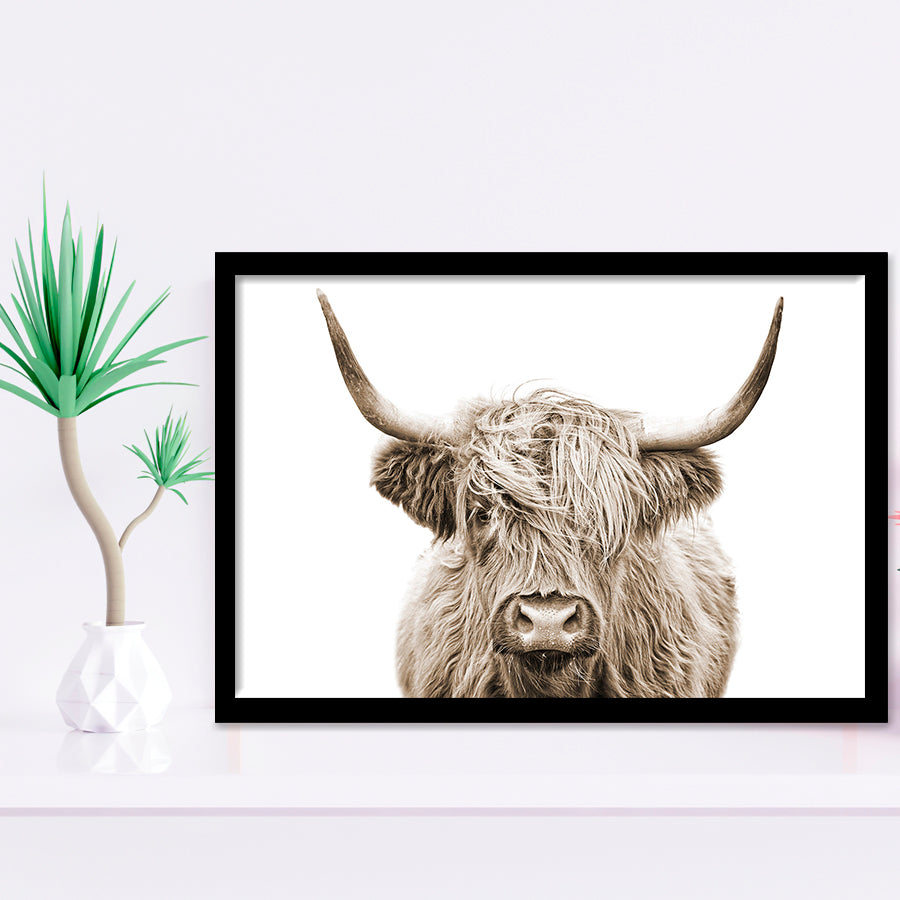 Highland Cow Sepia Framed Art Print Wall Decor - Painting Art, Framed Picture, Home Decor