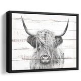 Highland Cow White Wood Background Canvas Print Framed Canvas Prints Wall Art - Painting Canvas,Framed Picture,Home Art Wall Decor