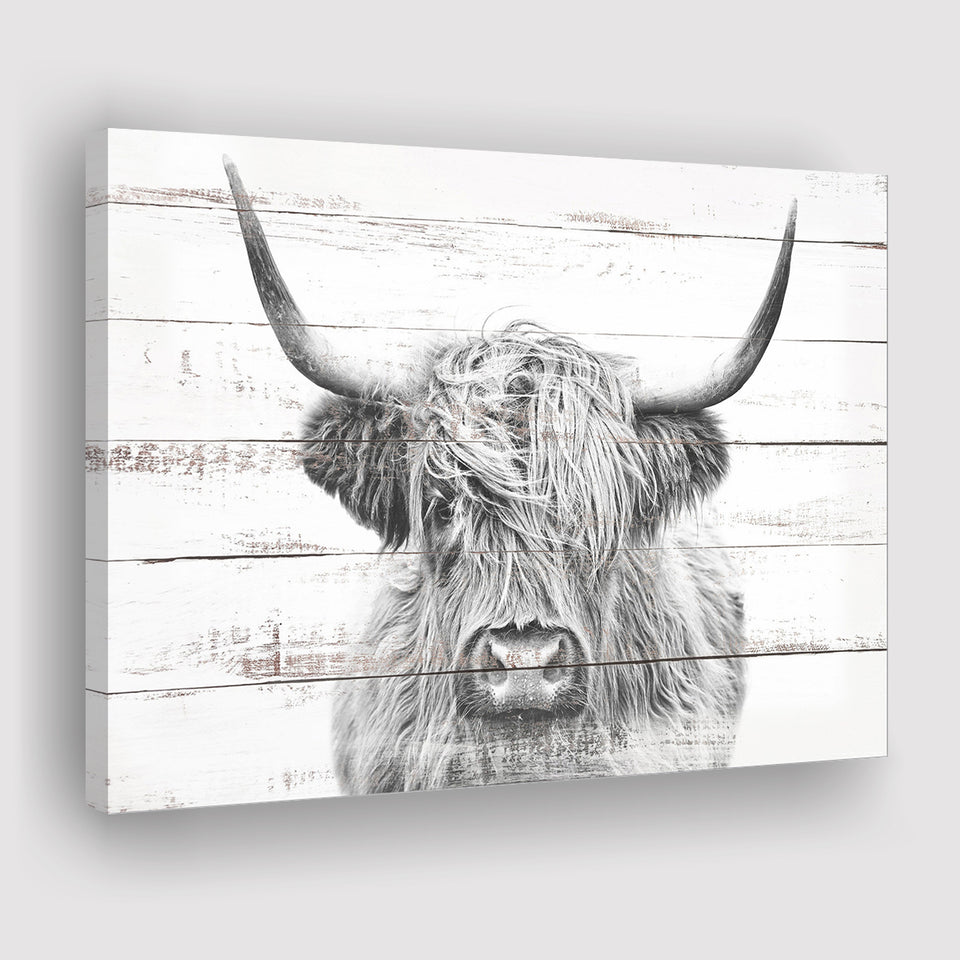 Highland Cow White Wood Background Canvas Print Canvas Prints Wall Art - Painting Canvas,Wall Decor,Art Print,Home Decor