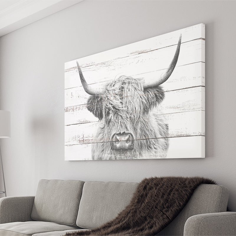 Highland Cow White Wood Background Canvas Print Canvas Prints Wall Art - Painting Canvas,Wall Decor,Art Print,Home Decor