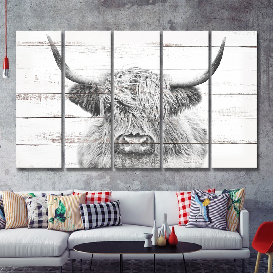 Highland Cow White Wood Background Canvas Print 5 Piece B Multi Panels Canvas Prints Wall Art - Painting Canvas,Wall Decor